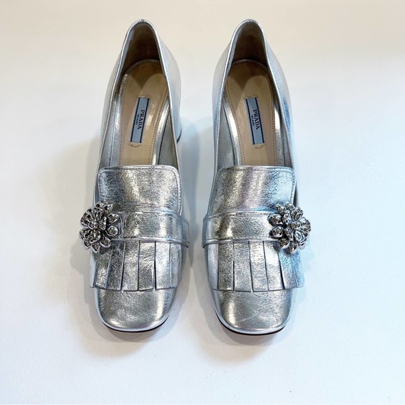 Prada Ornament-Embellished Silver Loafer Block Heel EU 40 - Picture 1 of 11
